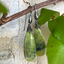 Load image into Gallery viewer, Teardrop Green Serpentine Earrings, Black Rhodium
