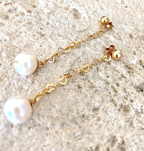 Load image into Gallery viewer, Pearls on Heart Chain Drop Earrings, 14k GF