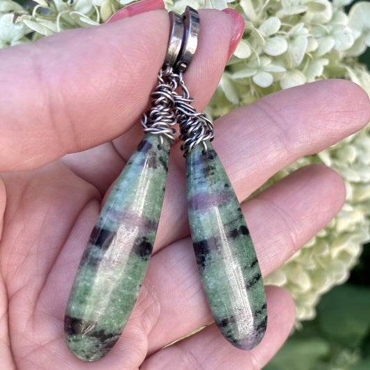 Ruby Zoisite Teardrop Earrings – Natural Gemstone Dangles featuring unique colors and handmade craftsmanship.