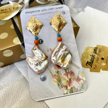 Load image into Gallery viewer, Chunky Baroque Pearls Gold Earrings with Turquoise & Coral