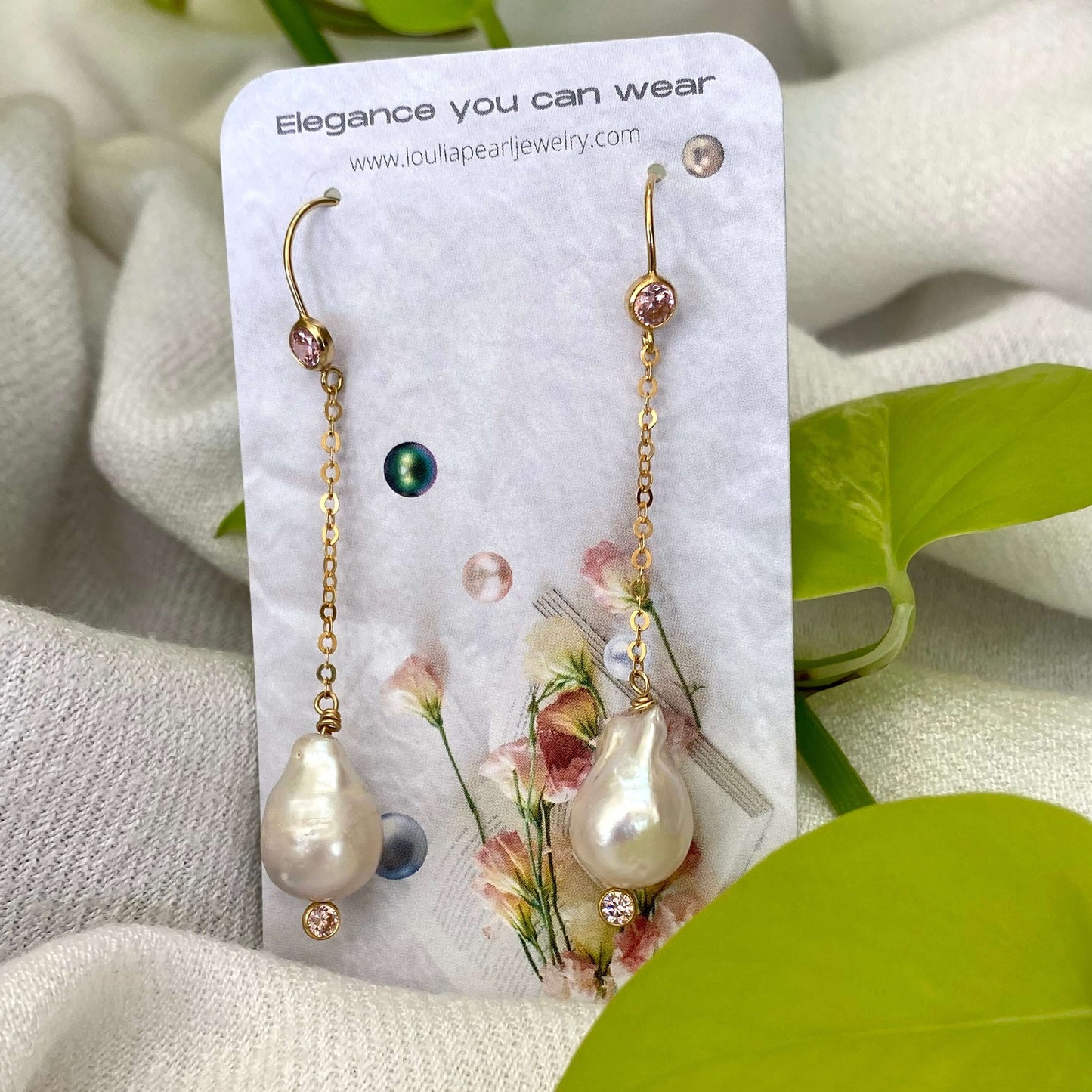 Baroque Pearl Long Earrings & Pink Cz