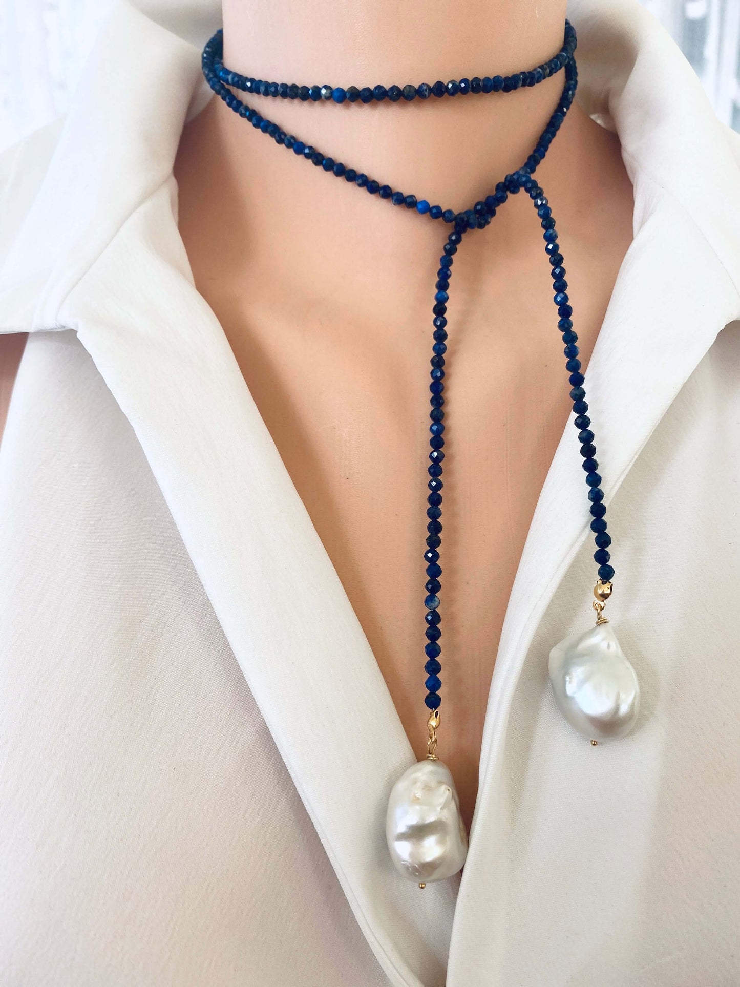 Lapis lazuli baroque pearl lariat necklace styled multiple ways for versatile wear