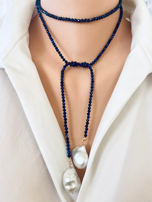 Lapis lazuli baroque pearl lariat necklace styled wrapped around neck with layered effect