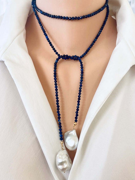 Lapis lazuli baroque pearl lariat necklace styled wrapped around neck with layered effect