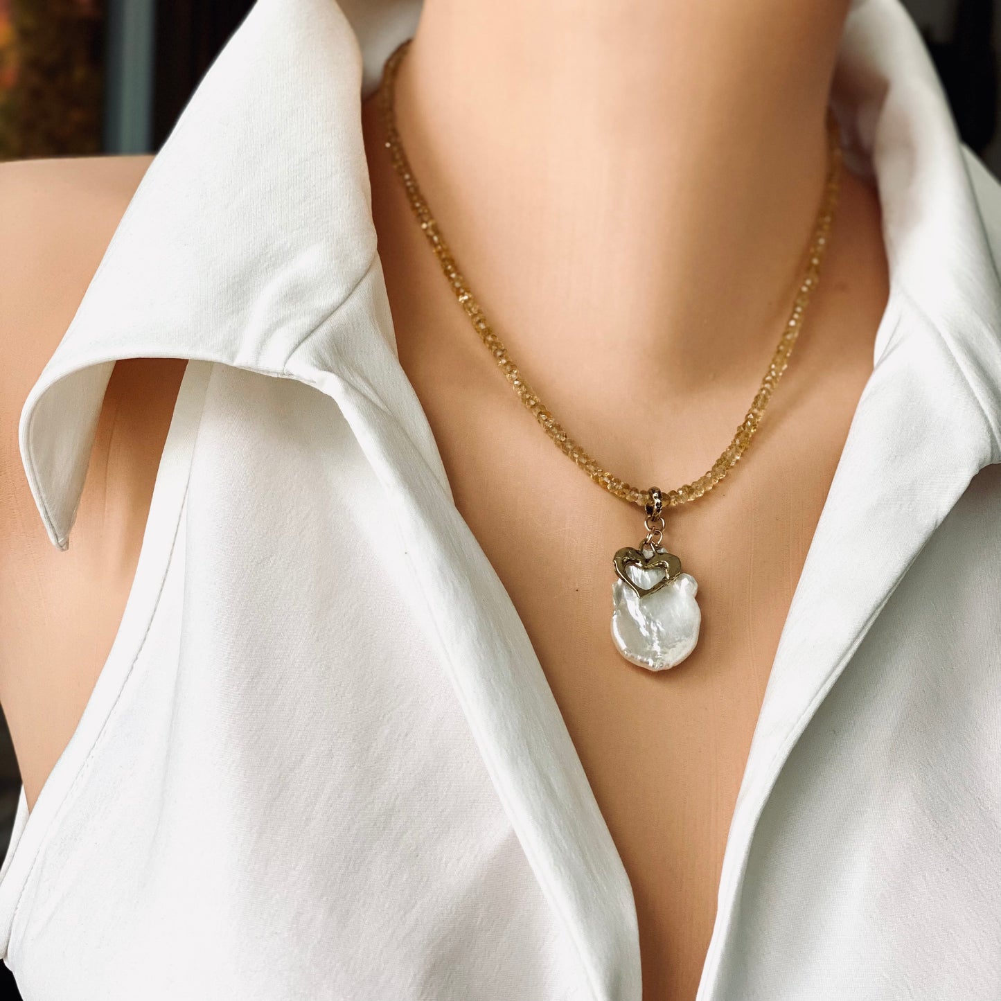 Citrine pearl necklace handmade in Canada with citrine beads and baroque pearl pendant