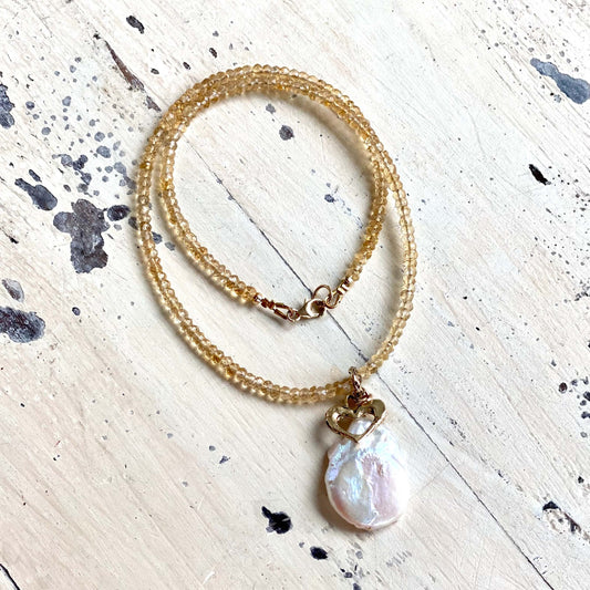Citrine pearl necklace featuring faceted citrine beads large baroque pearl pendant and gold filled details