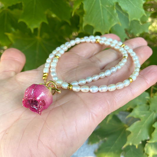 Real Red Rosebud & Pearl Beaded Necklace