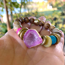Carica l'immagine nel visualizzatore di Gallery, Hot Pink Quartz bracelet Druzy Crystal Gemstone, Natural Jasper Bracelet
