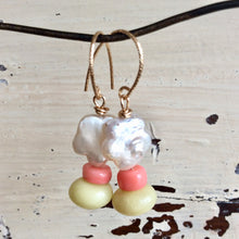 Load image into Gallery viewer, Floral Pearl Drop Earrings, Dainty Baroque Pearl w Quartz & Coral Earrings