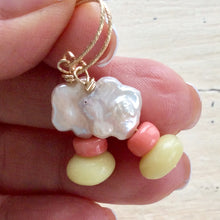 Load image into Gallery viewer, Floral Pearl Drop Earrings, Dainty Baroque Pearl w Quartz & Coral Earrings