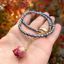Load image into Gallery viewer, Real Pink Rosebud & Black Mini Rice Pearl Necklace, 14k GF