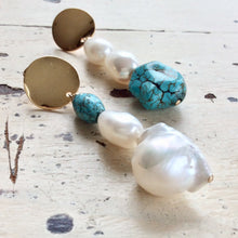 Load image into Gallery viewer, Freshwater Baroque Pearl Gold Dangle Drop Earrings with Turquoise