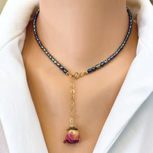 Load image into Gallery viewer, Real Pink Rosebud & Black Mini Rice Pearl Necklace, 14k GF
