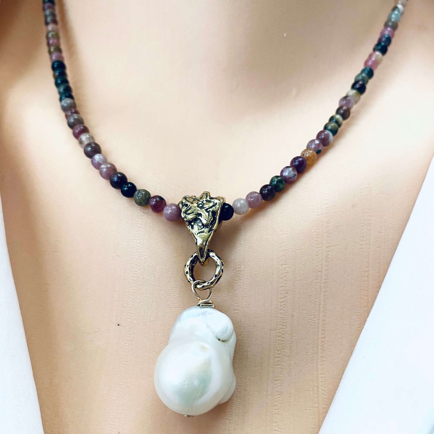 Tourmaline pearl necklace minimalist design with tourmaline beads and baroque pearl pendant