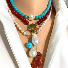 Lade das Bild in den Galerie-Viewer, Pearl Necklace with Red Coral Pendant & Turquoise Charm