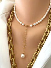 Carica l'immagine nel visualizzatore di Gallery, Classic Pearl Necklace, 15.5"inches, featuring lustrous freshwater white semi-round pearls and a delicate gold-filled heart chain extender of 7cm holding a 10mm round pearl charm