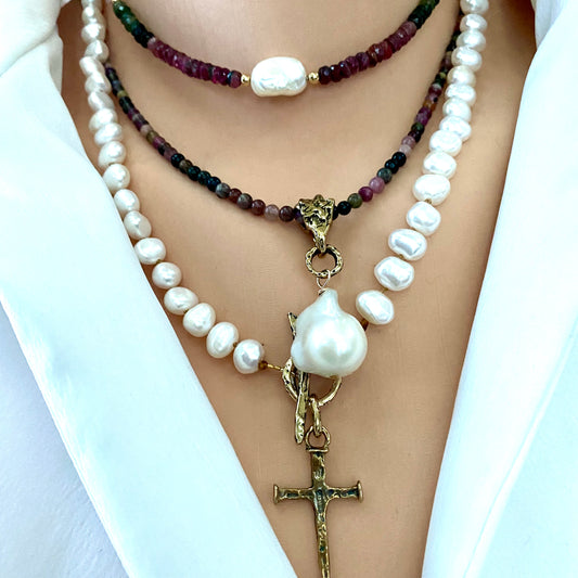 Tourmaline pearl necklace layered with pearl necklace featuring baroque pearl pendant and gold bronze bail