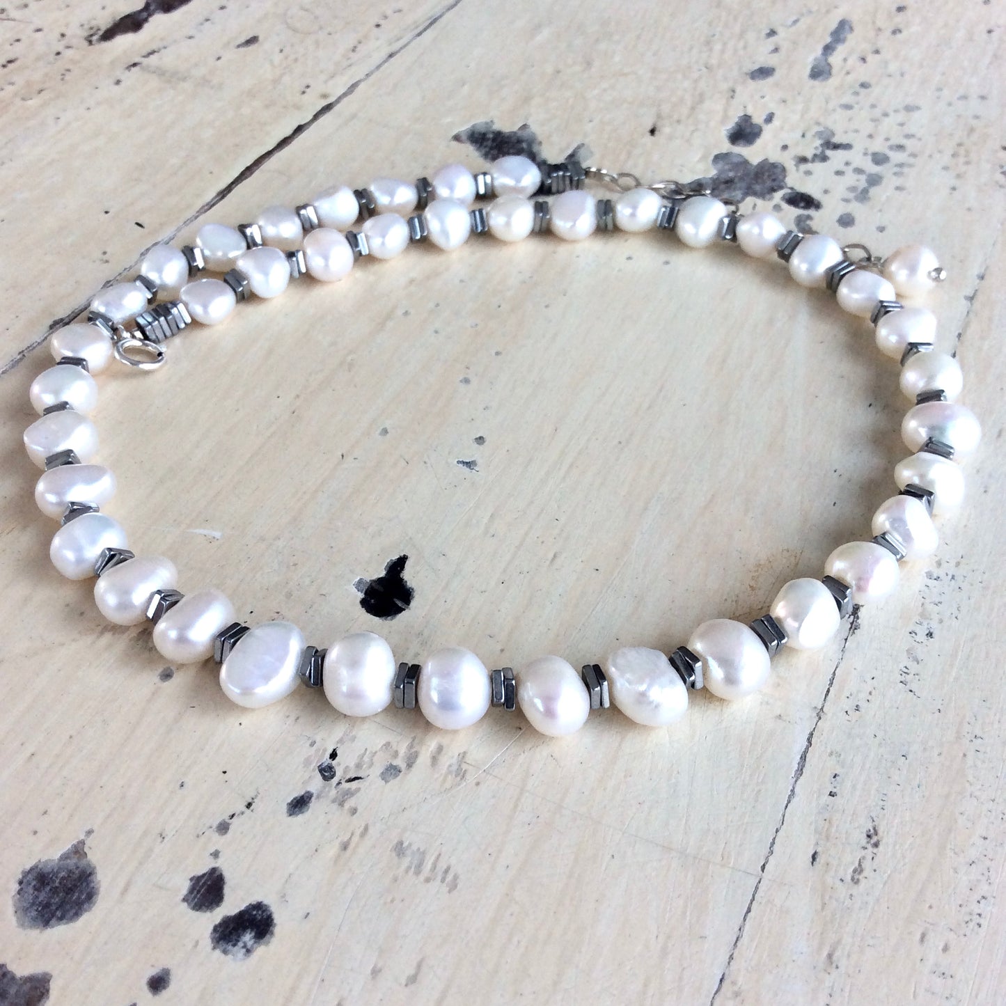 Pearl hematite choker necklace handcrafted with freshwater pearls and hematite beads