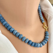 Carica l'immagine nel visualizzatore di Gallery, Graduated Oregon blue smooth opal candy necklace 8-11mm with gold vermeil plated sterling silver marine closure, measuring 18 or 19 inches. This modern opal jewelry piece features denim blue tones and is a perfect gift for her.