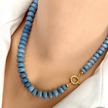Carica l'immagine nel visualizzatore di Gallery, Graduated Oregon blue smooth opal candy necklace 8-11mm with gold vermeil plated sterling silver marine closure, measuring 18 or 19 inches. This modern opal jewelry piece features denim blue tones and is a perfect gift for her.