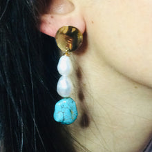 Load image into Gallery viewer, Freshwater Baroque Pearl Gold Dangle Drop Earrings with Turquoise