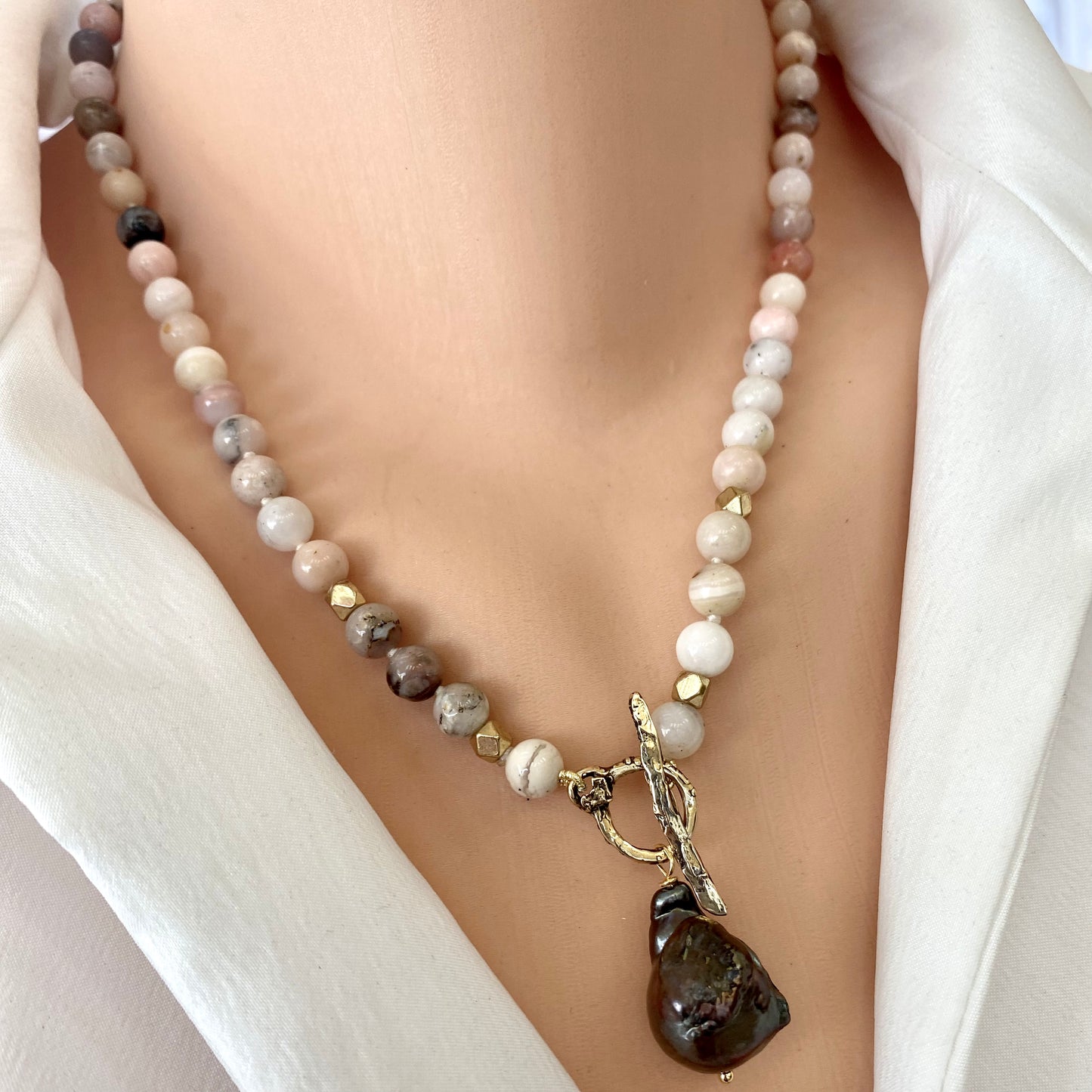 Pink opal baroque pearl necklace handmade in Canada with black baroque pearl charm