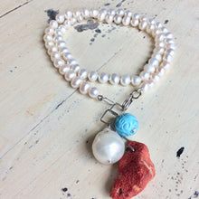 Lade das Bild in den Galerie-Viewer, Pearl Necklace with Red Coral Pendant & Turquoise Charm
