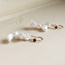 Load image into Gallery viewer, White Keshi Pearls Drop Earrings, 14K GF Hooks & Deep Red Cz Bezel