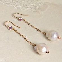 Load image into Gallery viewer, Baroque Pearl Long Earrings & Pink Cz