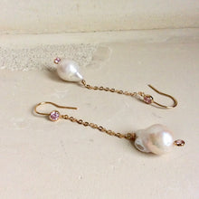 Load image into Gallery viewer, Baroque Pearl Long Earrings & Pink Cz