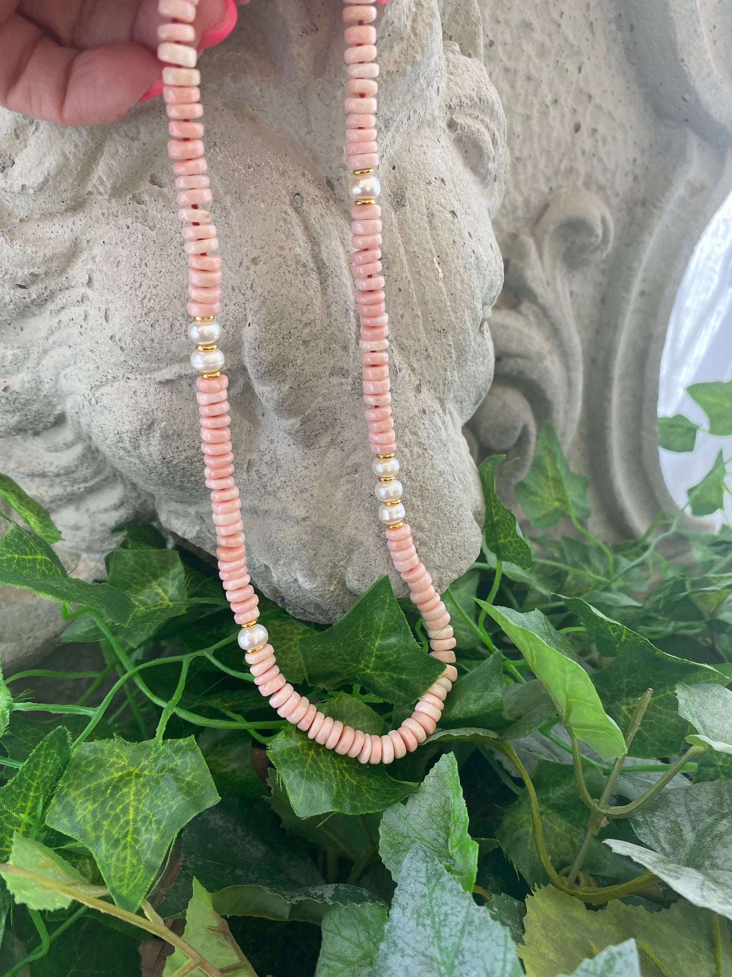 Pink opal pearl necklace handmade in Canada with freshwater pearls and pink opal beads