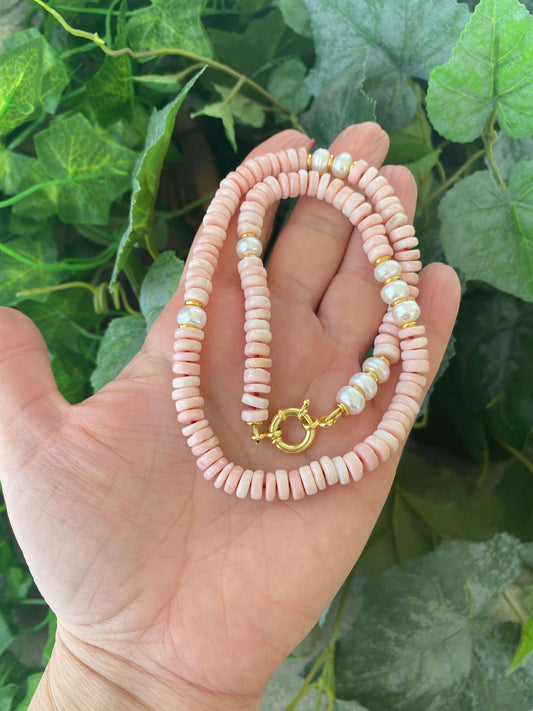 Pink opal pearl necklace with tire shaped pink opal beads and freshwater pearls handmade in Canada