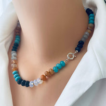Load image into Gallery viewer, Elegant Silver Marine Clasp Necklace with Aventurine, Turquoise, Onyx & Jade, 18 inches