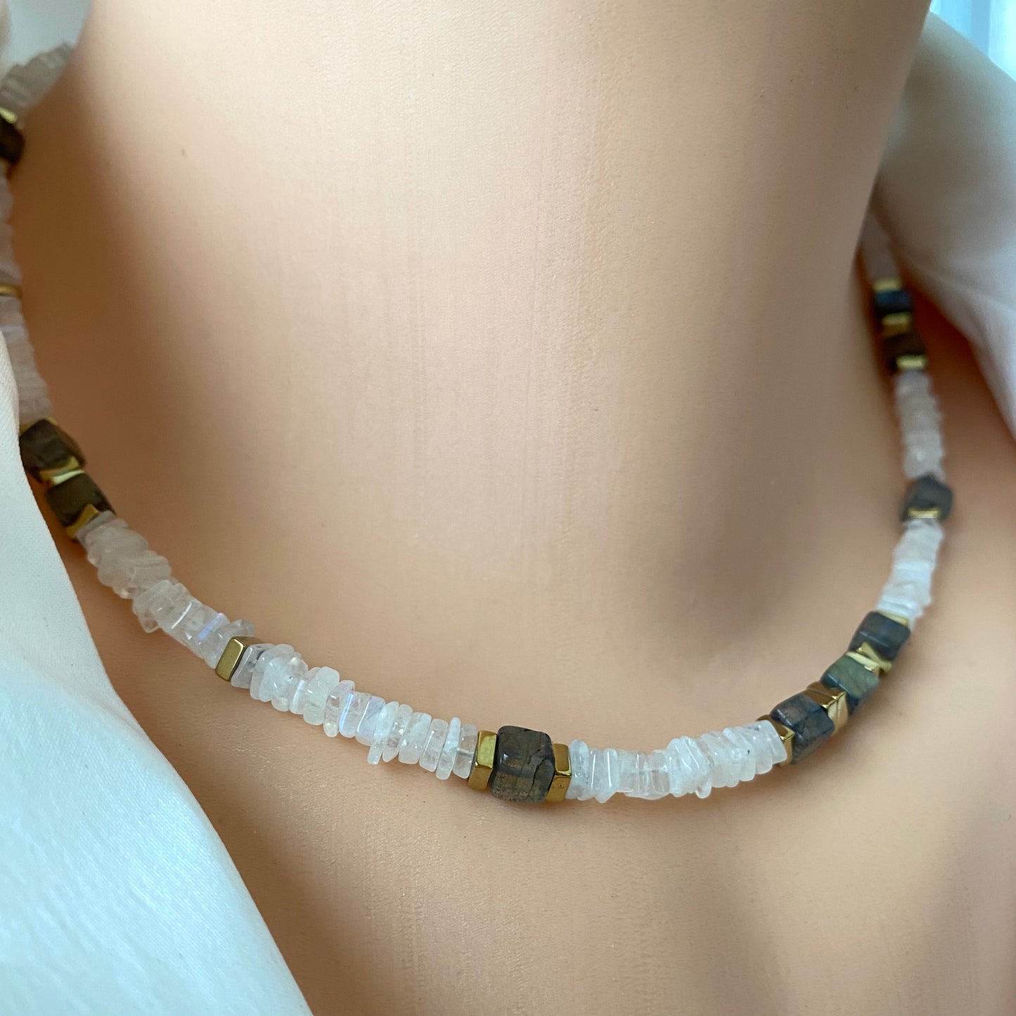 Moonstone labradorite necklace minimalist design with rainbow moonstone and labradorite