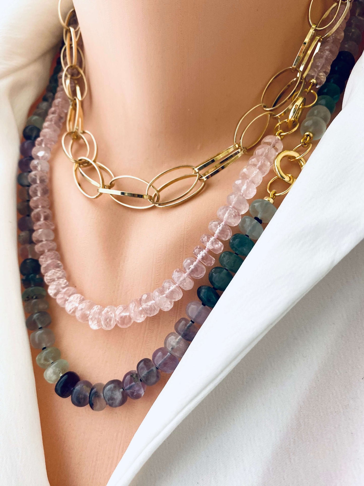 Fluorite candy necklace featuring multi-color fluorite rondelle beads, handcrafted with gold elements.