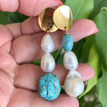 Load image into Gallery viewer, Freshwater Baroque Pearl Gold Dangle Drop Earrings with Turquoise