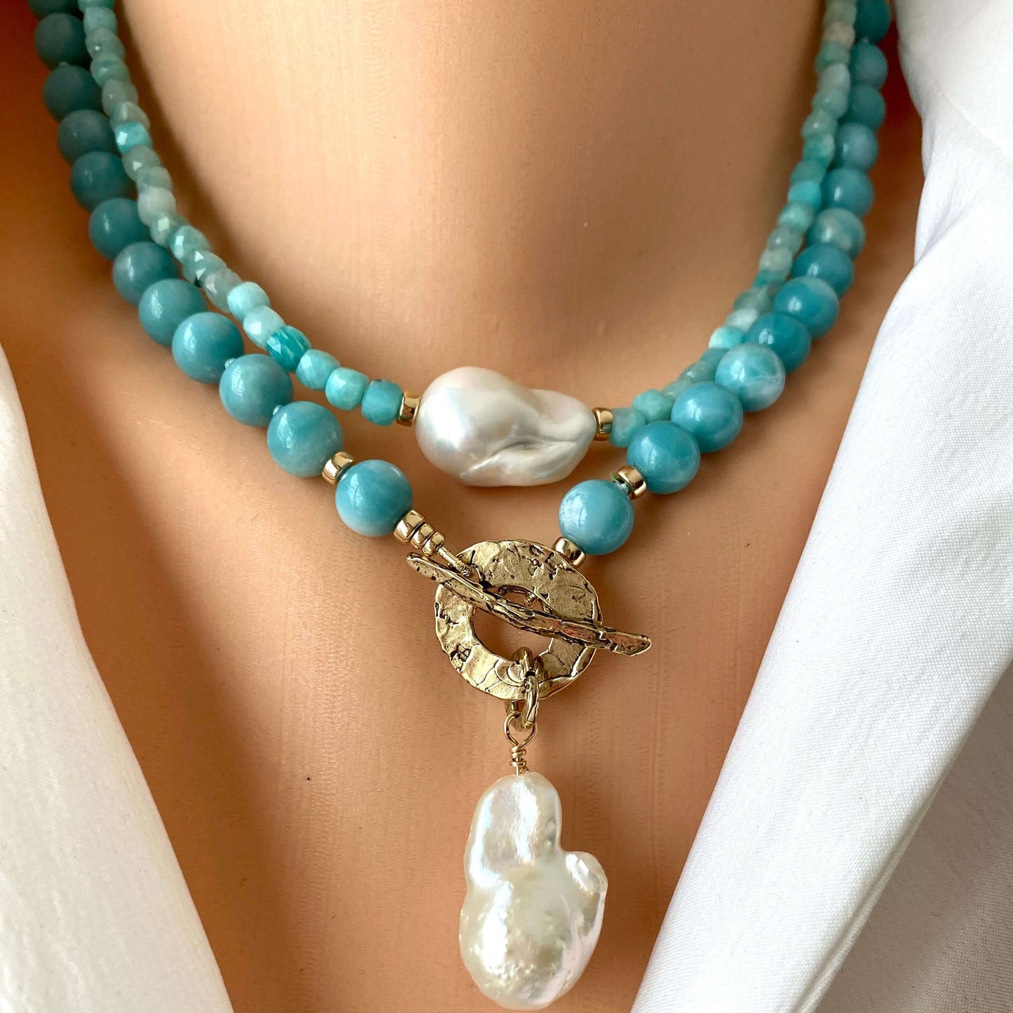 Amazonite baroque pearl necklace with blue amazonite beads and large freshwater pearl