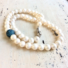 Carica l'immagine nel visualizzatore di Gallery, White Pearl Necklace, Turquoise Blue Cz Pave Bead & Magnetic Clasp