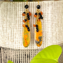 Load image into Gallery viewer, Bumble Bee Teardrop Stone, Carnelian & Onyx Cluster Earrings