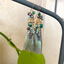 Load image into Gallery viewer, Labradorite, Amazonite, Green Onyx & Black Pearls Cluster Earrings