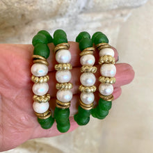 Load image into Gallery viewer, Freshwater Pearl Bracelet, Green African Tribal Recycled Glass