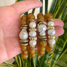 Load image into Gallery viewer, Chunky Stretch Bracelet with Baroque Pearls, Gold Whiskey African Glass, and Tribal Influence
