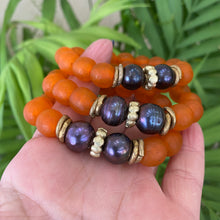 Load image into Gallery viewer, Black Pearl Bracelet & Orange African Tribal Recycled Glass