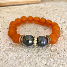 Load image into Gallery viewer, Black Pearl Bracelet & Orange African Tribal Recycled Glass