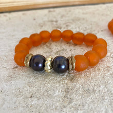 Load image into Gallery viewer, Black Pearl Bracelet & Orange African Tribal Recycled Glass