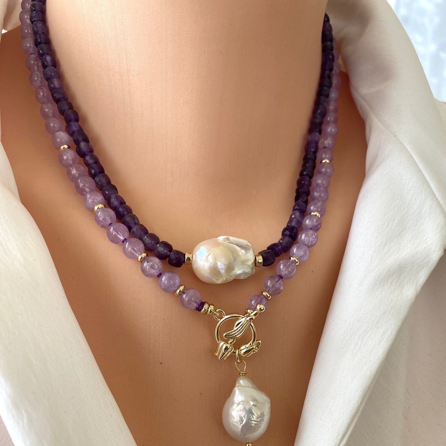 Amethyst baroque pearl necklace styled as an elegant handmade in Canada statement piece