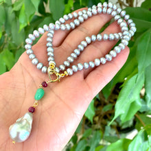 Load image into Gallery viewer, Grey Pearl Necklace, Ruby & Chrysoprase Removable Pendant