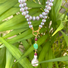 Load image into Gallery viewer, Grey Pearl Necklace, Ruby & Chrysoprase Removable Pendant