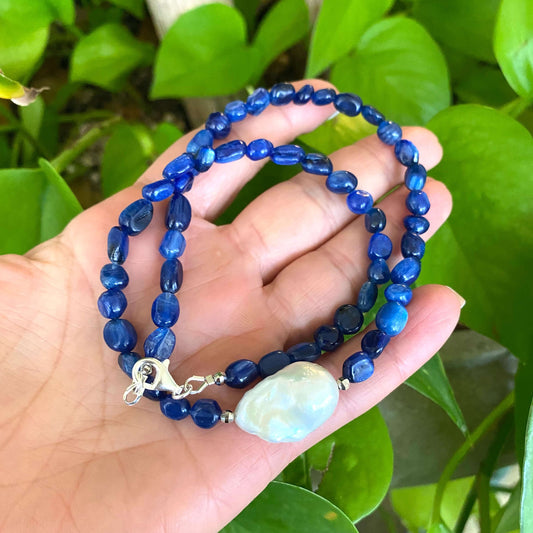 Blue Kyanite & Baroque Pearl Necklace