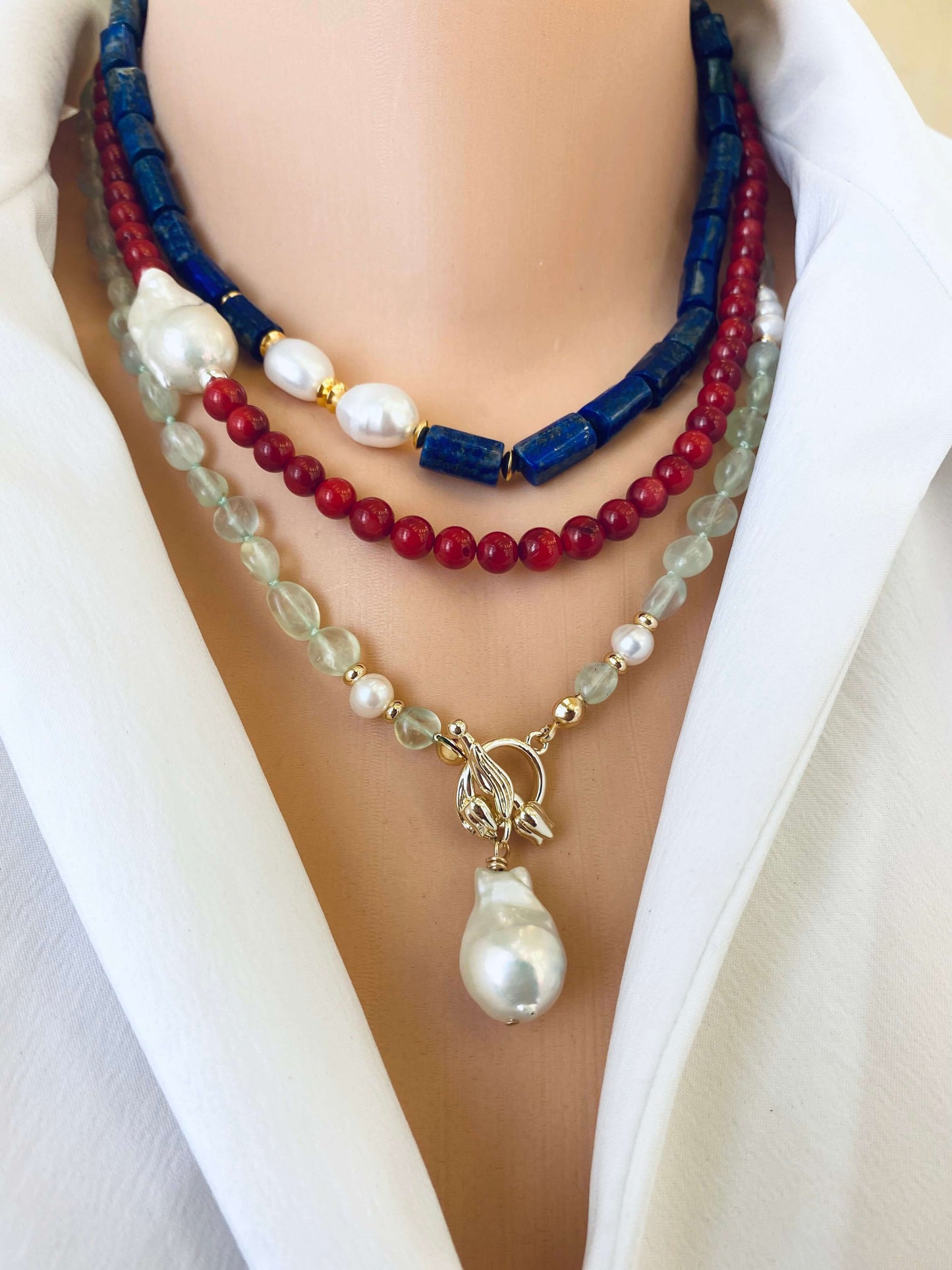 Layered lapis lazuli pearl necklace styling with freshwater pearls, handmade Canadian jewelry